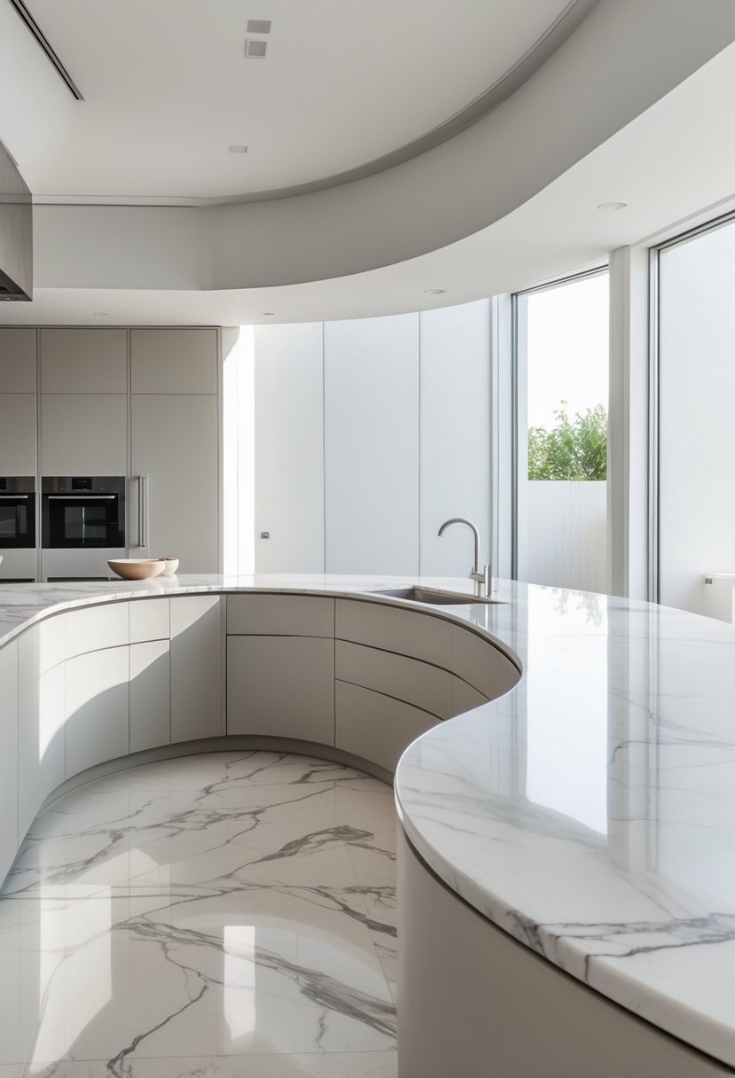 15 Terra Futura Kitchen Design Ideas For Modern Sustainable Living 3 A bright kitchen with curved marble countertops and modern cabinetry.