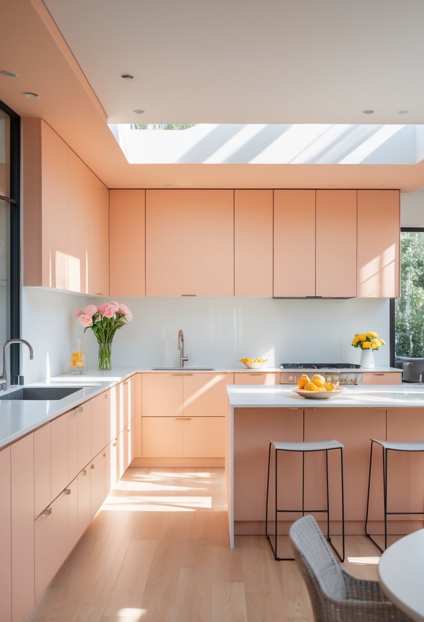 15 Terra Futura Kitchen Design Ideas For Modern Sustainable Living 4 A bright kitchen with soft peach cabinets, a central island, stainless steel appliances, and natural light coming through large windows.