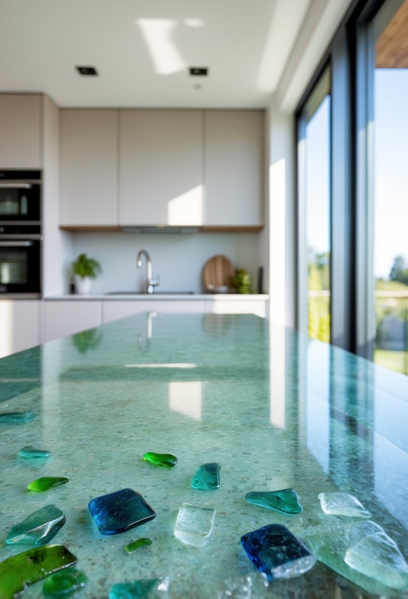 15 Terra Futura Kitchen Design Ideas For Modern Sustainable Living 5 A modern kitchen with a recycled glass worktop, neutral cabinets, and stainless steel appliances illuminated by natural light.