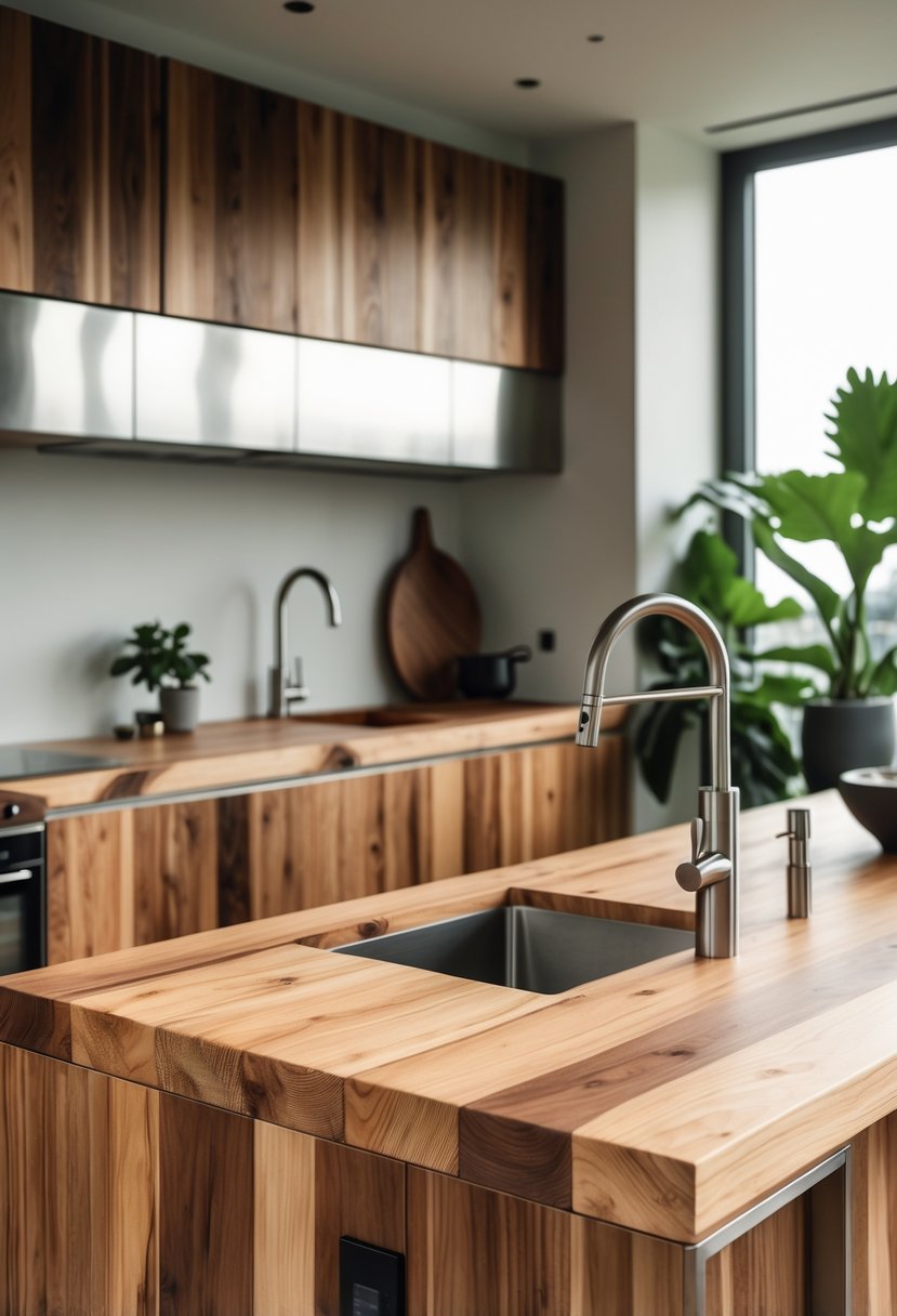 15 Terra Futura Kitchen Design Ideas For Modern Sustainable Living 6 A modern kitchen with wooden countertops and cabinets paired with metal fixtures and appliances, illuminated by natural light.