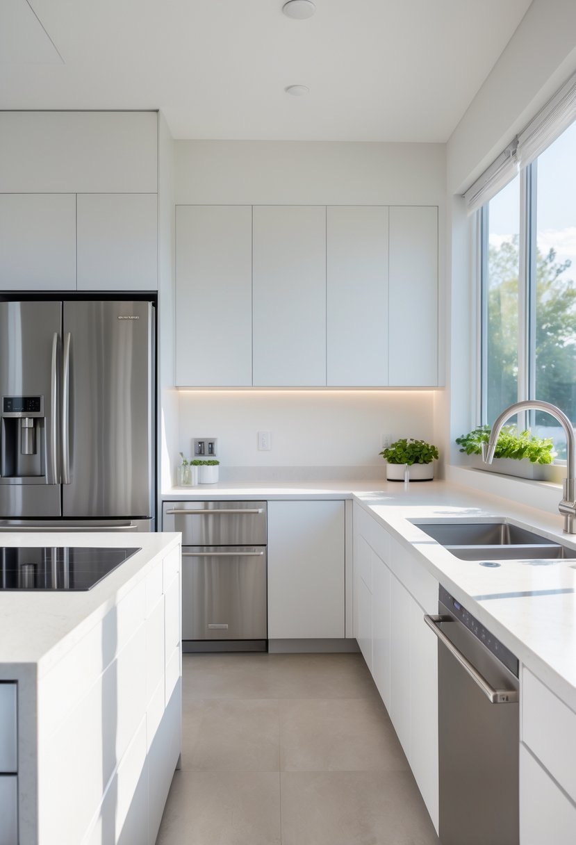 15 Terra Futura Kitchen Design Ideas For Modern Sustainable Living 7 A bright modern kitchen with integrated energy-efficient appliances and a spacious island.