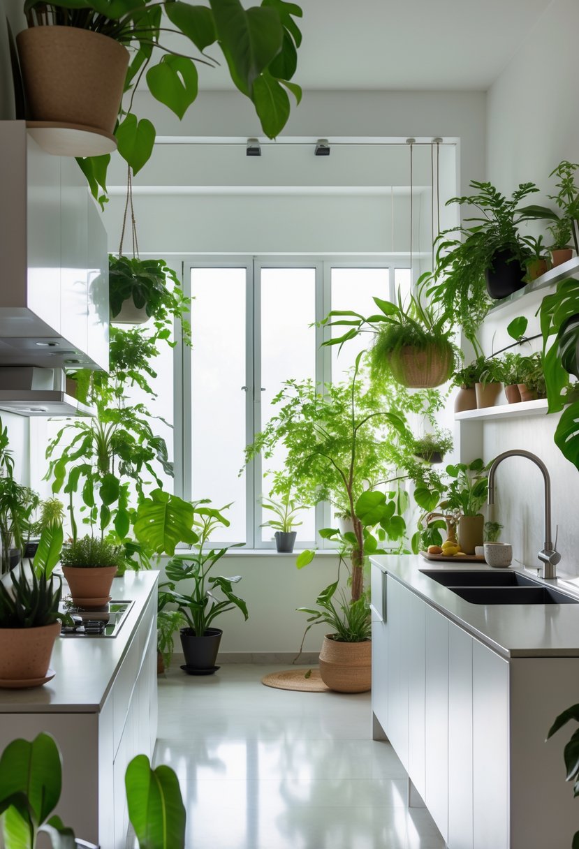 15 Terra Futura Kitchen Design Ideas For Modern Sustainable Living 8 Modern kitchen interior with abundant indoor plants and natural light.