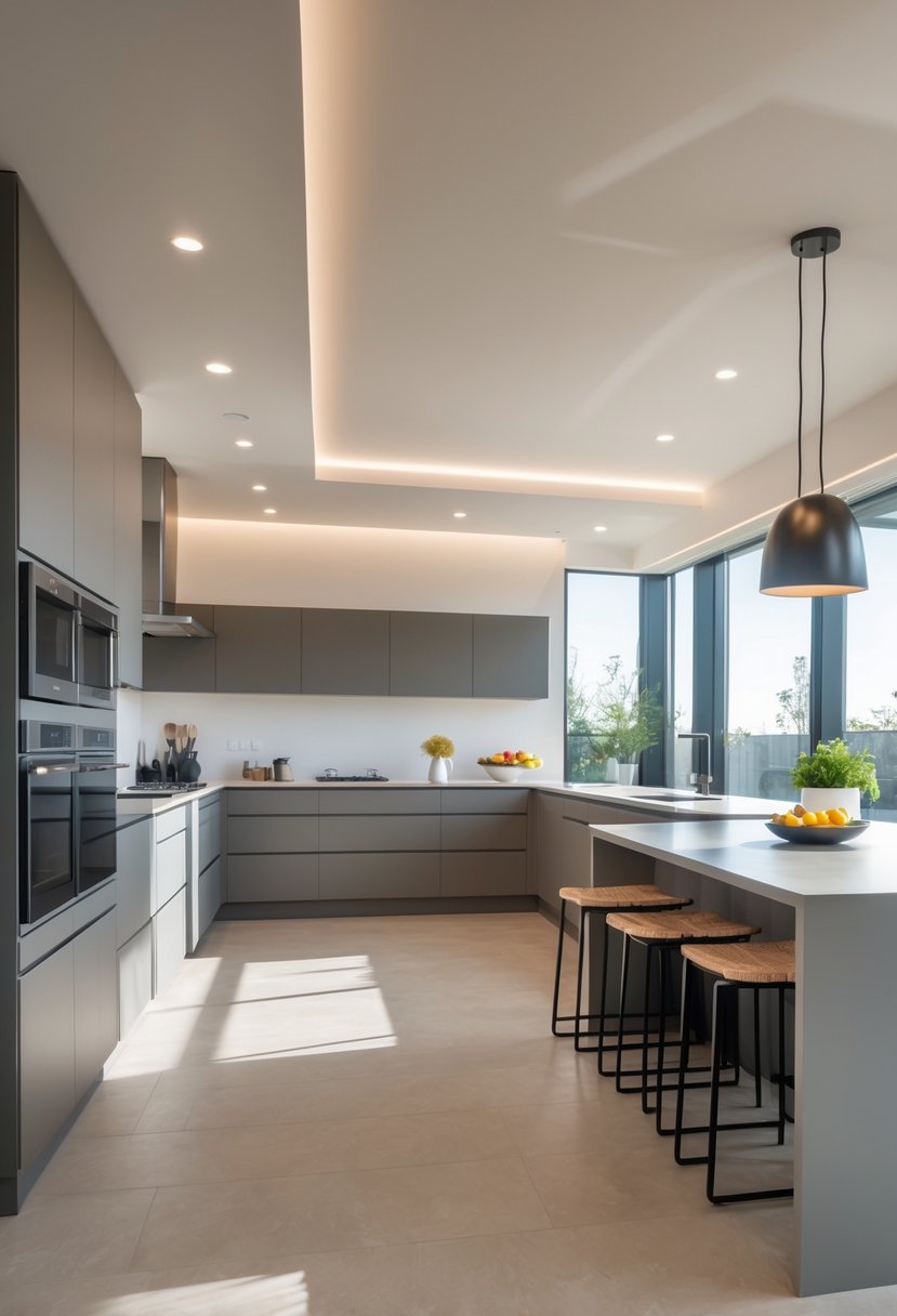 15 Terra Futura Kitchen Design Ideas For Modern Sustainable Living 11 A modern kitchen interior with an open layout, spacious countertops, and a central island with bar stools.