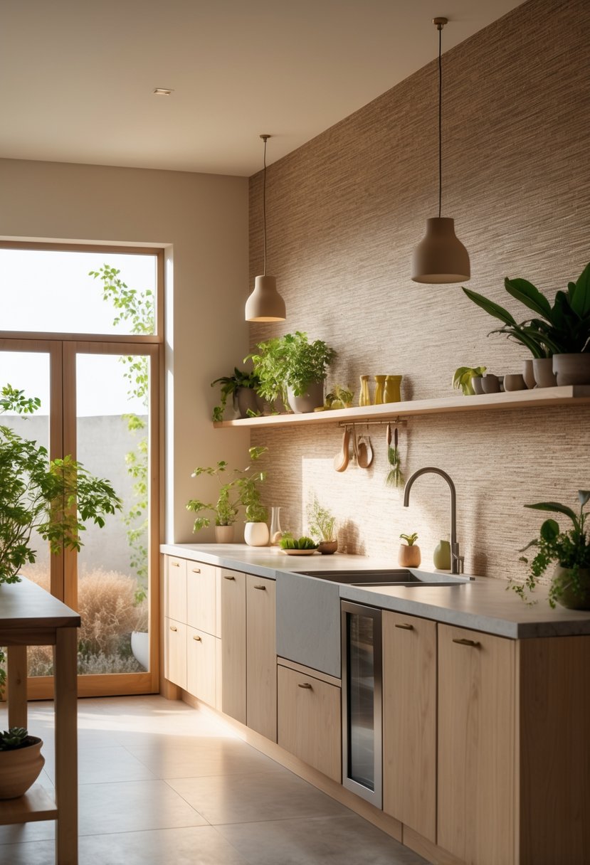 15 Terra Futura Kitchen Design Ideas For Modern Sustainable Living 12 A kitchen with earth-toned wallpaper, wooden cabinets, stone countertops, and potted plants, illuminated by natural light.