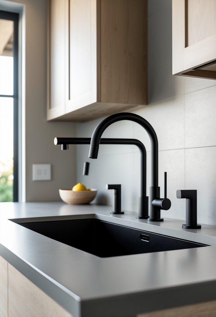 15 Terra Futura Kitchen Design Ideas For Modern Sustainable Living 13 Close-up view of a kitchen sink with matte black faucets and light-colored countertop and cabinetry.