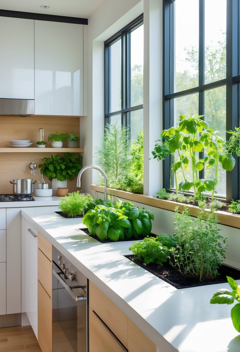 15 Terra Futura Kitchen Design Ideas For Modern Sustainable Living 14 A modern kitchen with built-in herb gardens growing fresh green herbs integrated into the cabinetry and windowsills.