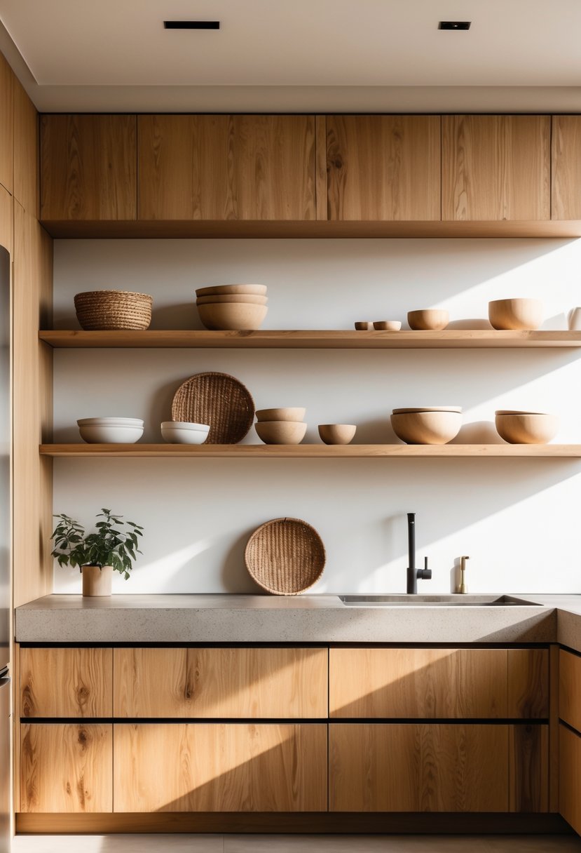 15 Terra Futura Kitchen Design Ideas For Modern Sustainable Living 15 A modern kitchen with wooden cabinets, stone countertops, open shelves with dishes, and small potted plants.