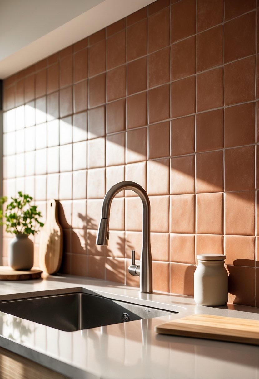 15 Terra Futura Kitchen Design Ideas For Modern Sustainable Living 16 A modern kitchen with a warm terracotta tiled backsplash and a countertop with kitchenware.