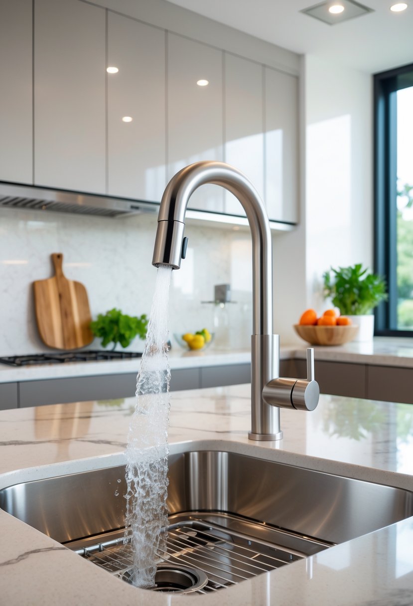 15 Terra Futura Kitchen Design Ideas For Modern Sustainable Living 17 A modern kitchen sink with a touchless faucet dispensing water, surrounded by clean countertops and kitchen accessories.