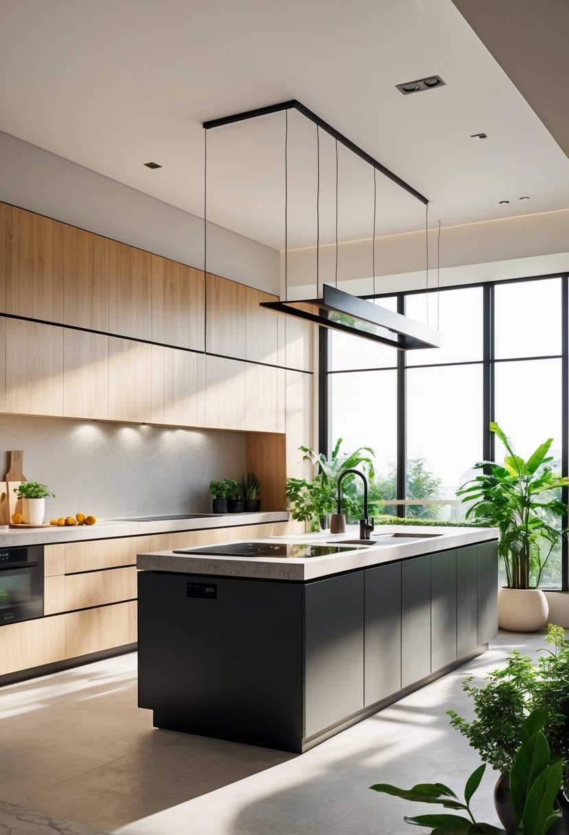 15 Terra Futura Kitchen Design Ideas For Modern Sustainable Living 18 A bright modern kitchen with wooden cabinets, a large island, built-in appliances, and green plants near large windows.