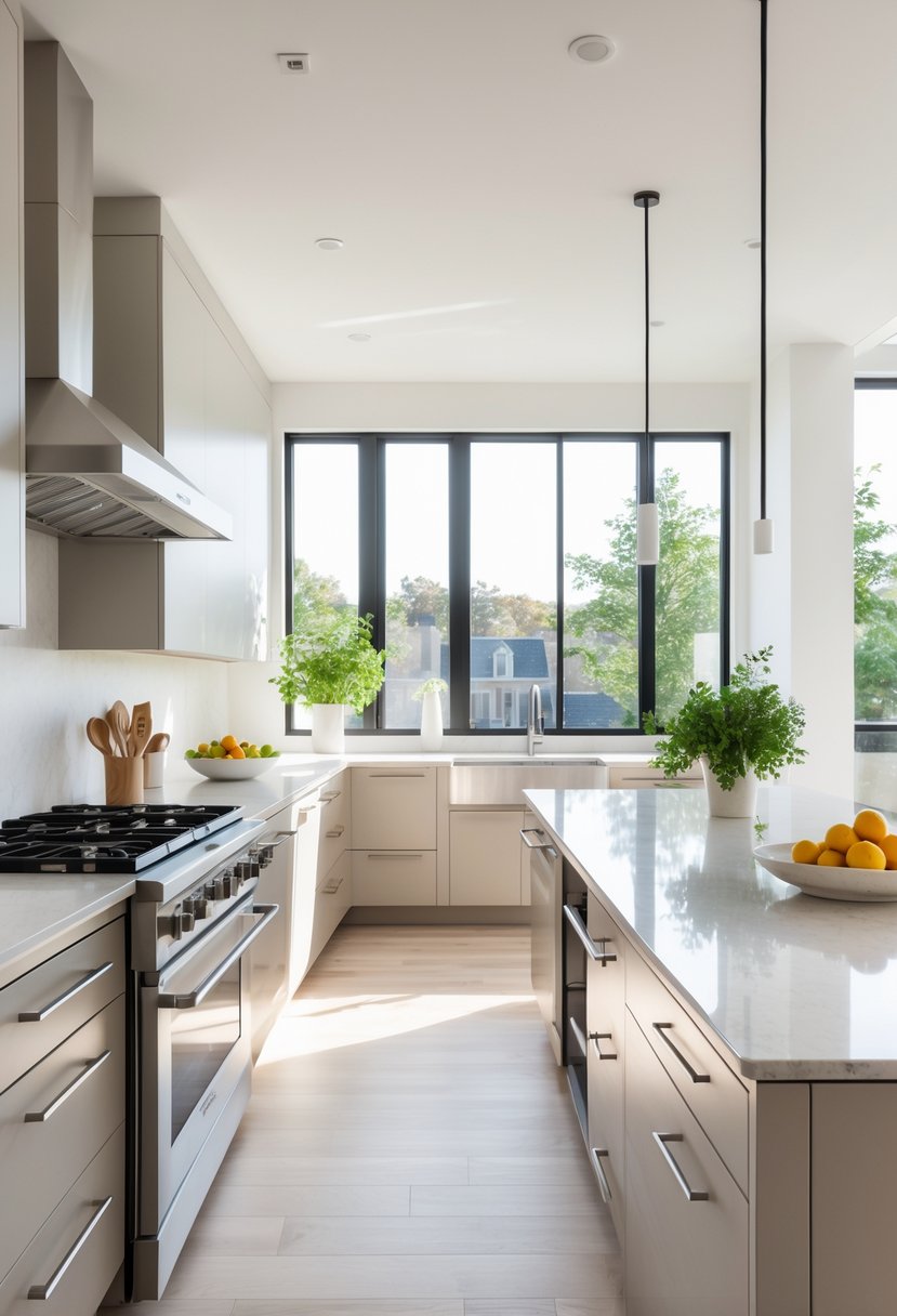 15 Terra Futura Kitchen Design Ideas For Modern Sustainable Living 19 A modern kitchen interior with a large island, stainless steel appliances, natural light, and plants.