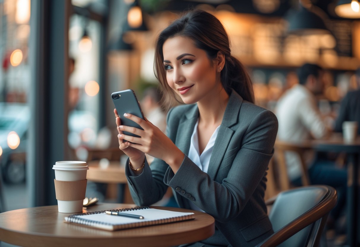 A young woman sitting at a coffee shop table looking thoughtfully at her smartphone.