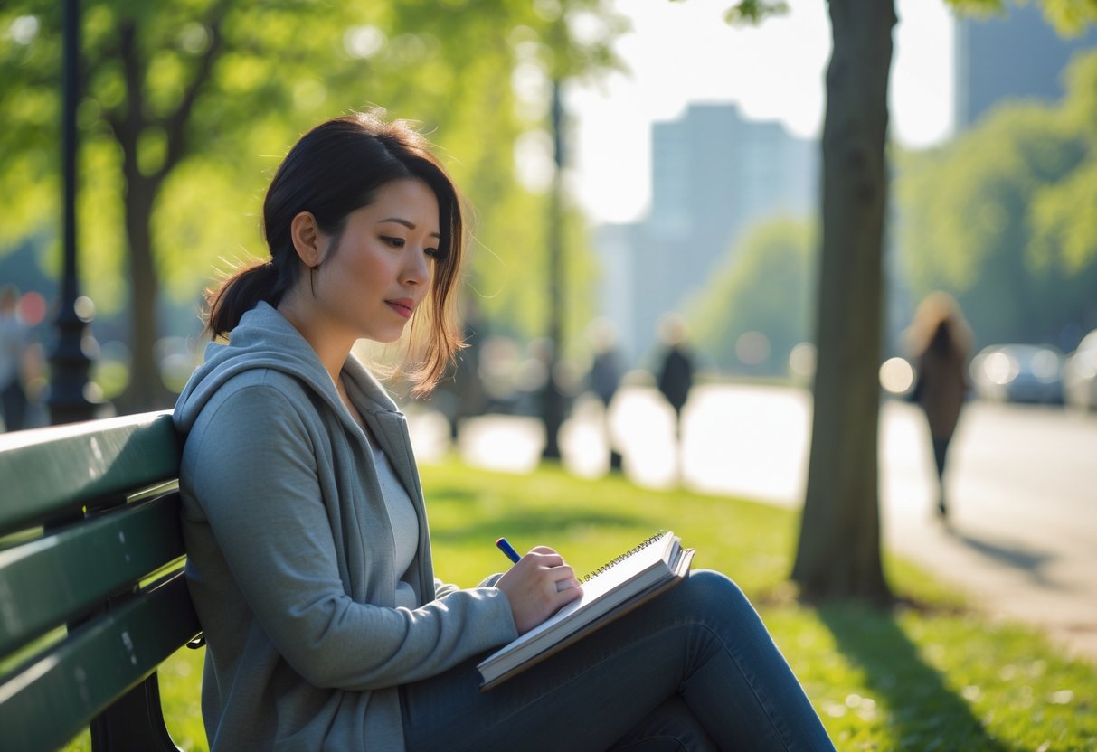A young woman sitting alone on a park bench, looking thoughtful and holding a closed journal, with trees and a blurred city background.