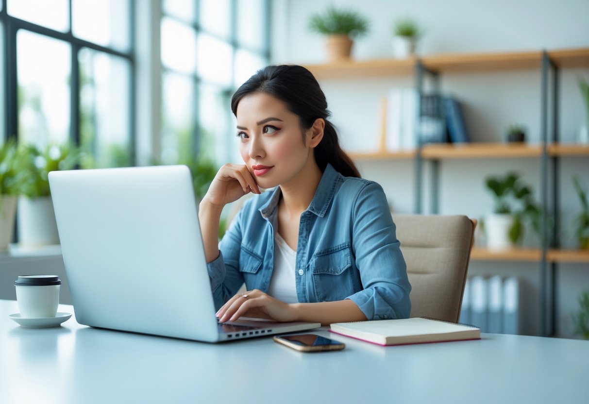 A young woman sitting at a desk, looking thoughtfully at her laptop in a bright office.