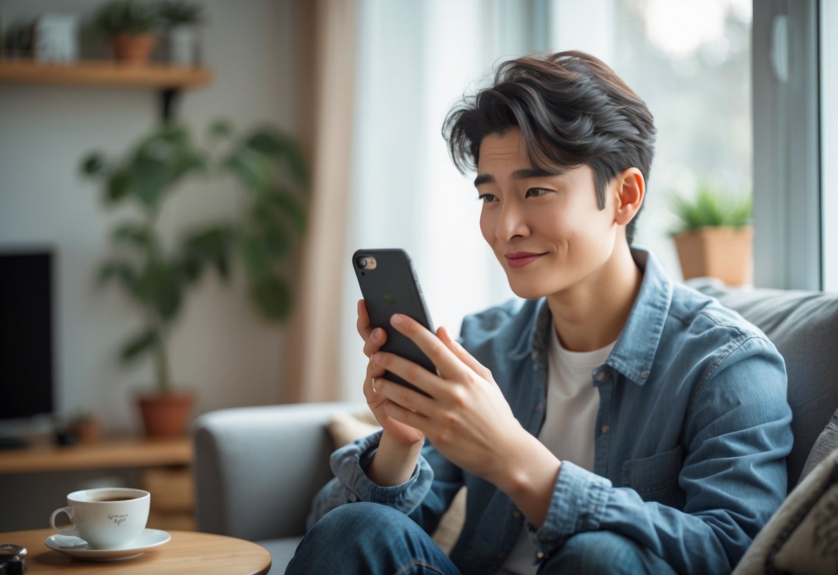 A young adult sitting in a cozy living room, looking thoughtfully at a smartphone in their hands.