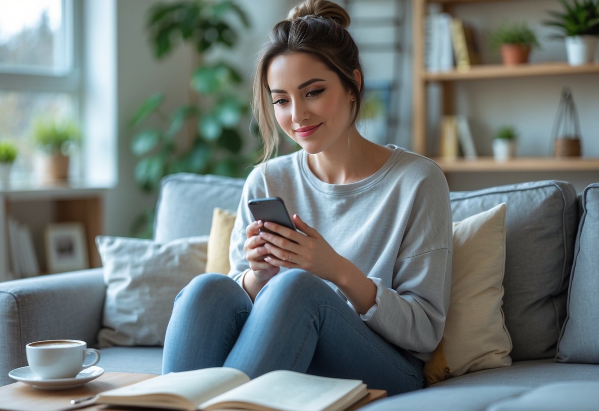 A young woman sitting on a couch looking thoughtfully at her smartphone in a cozy living room.