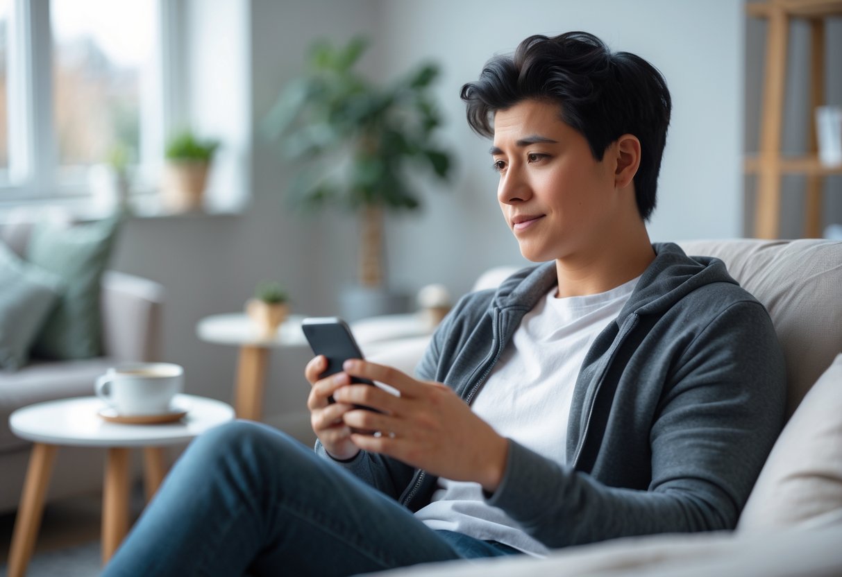 A young adult sitting in a living room, holding a smartphone and looking thoughtfully at the screen.