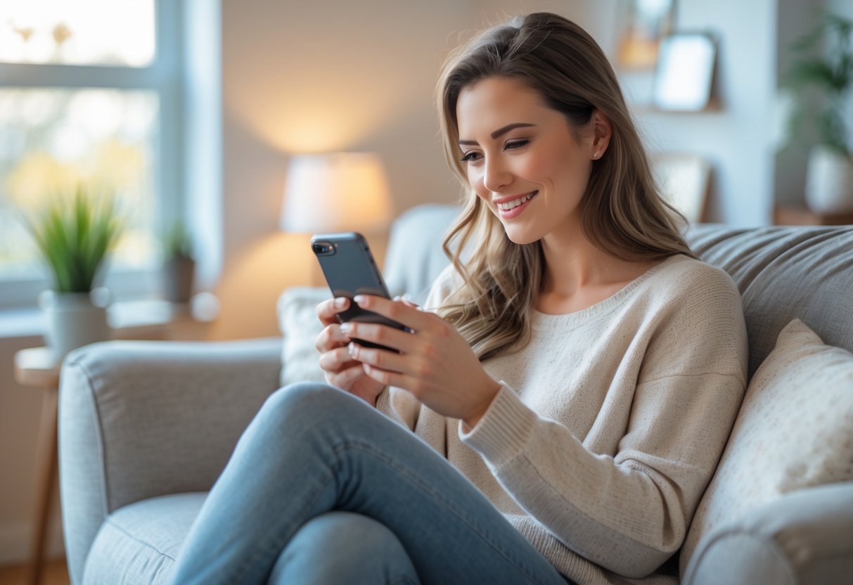 A young woman sitting on a sofa, smiling while looking at her smartphone in a cozy living room.