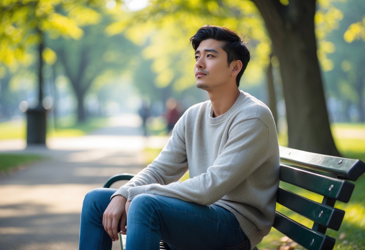 A young adult sitting alone on a park bench looking thoughtful and reflective.
