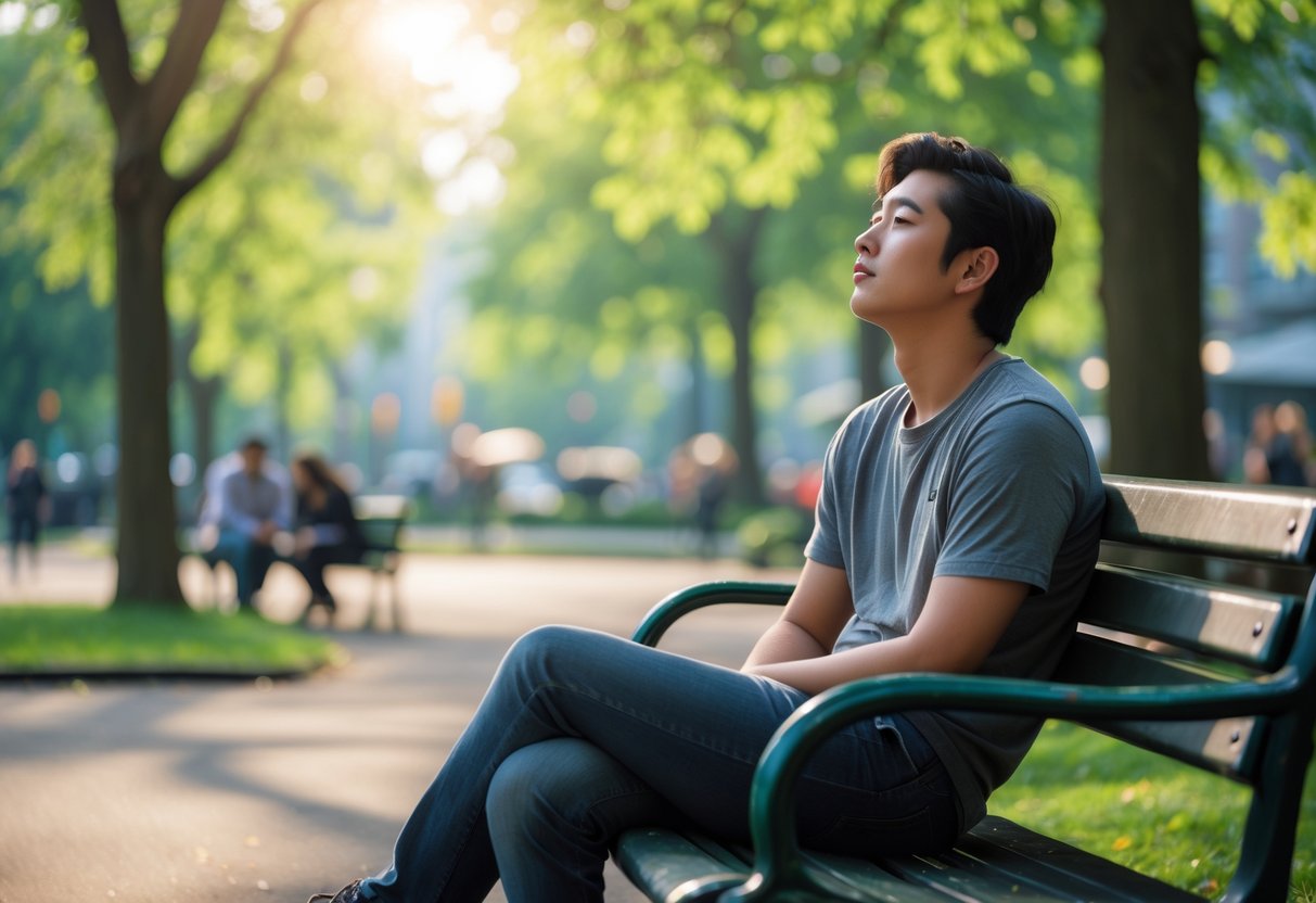 A young adult sitting alone on a park bench, looking thoughtful and peaceful in a sunny city park.