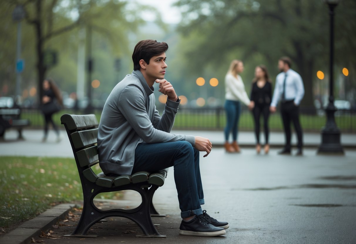A young adult sitting alone on a park bench looking thoughtful while blurred couples are visible in the background.
