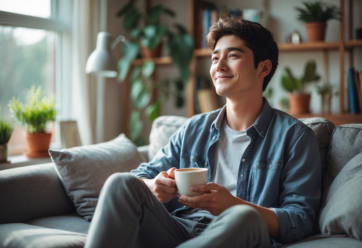 A young adult sitting alone in a cozy living room, looking thoughtful and content while holding a cup.