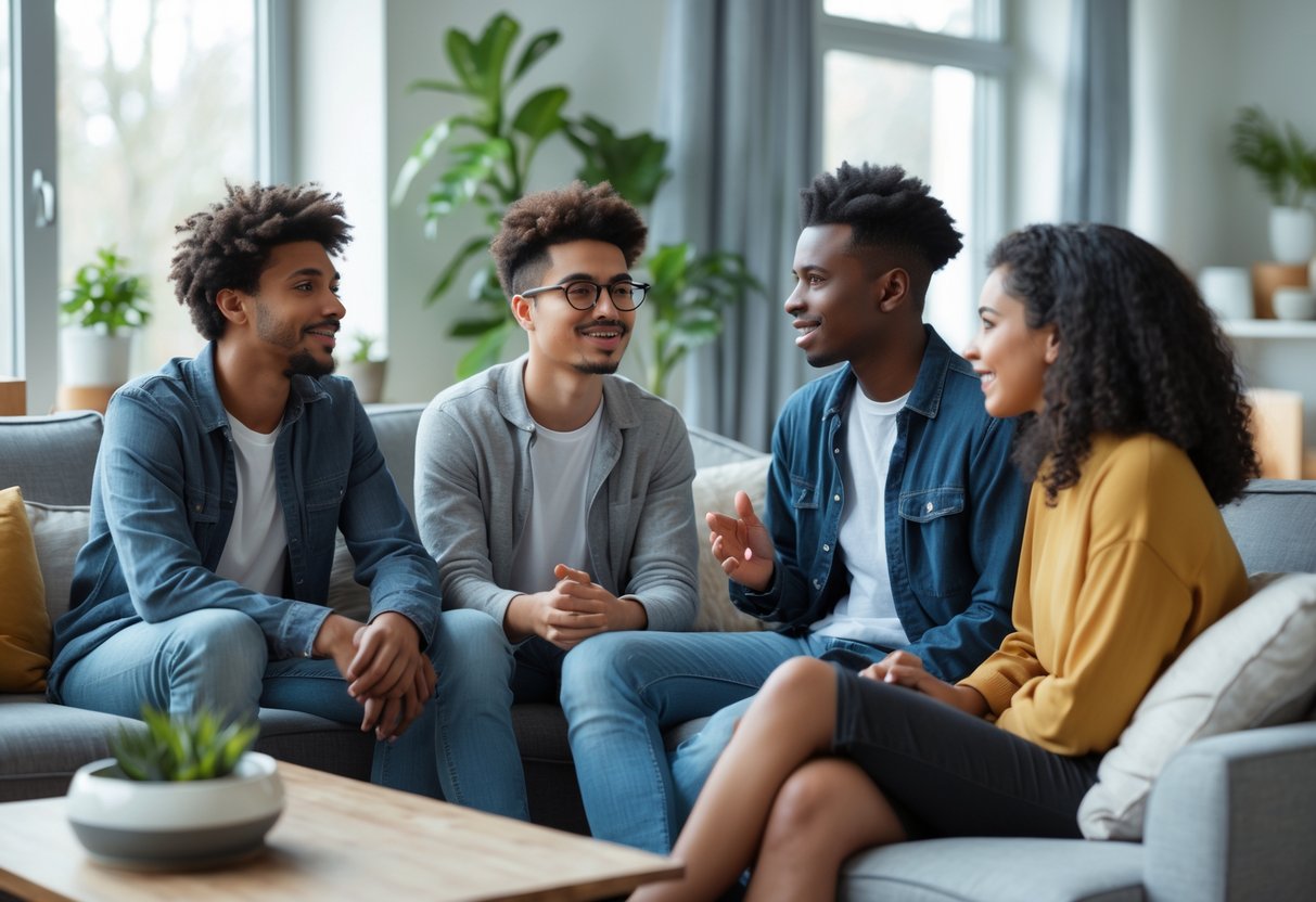 A group of young adults sitting together in a bright living room, engaged in a thoughtful conversation.