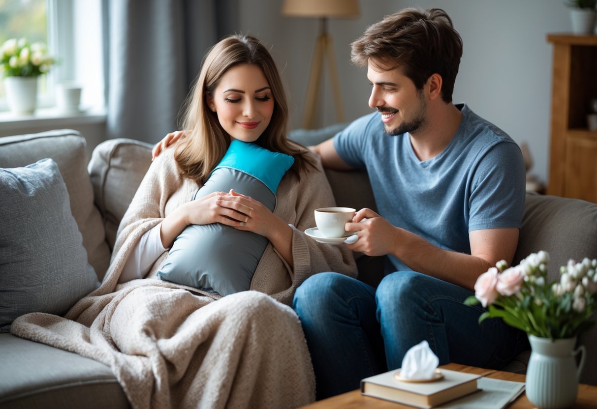 A couple in a living room where the woman is resting with a hot water bottle and the man is offering her a cup of tea, showing care and support.