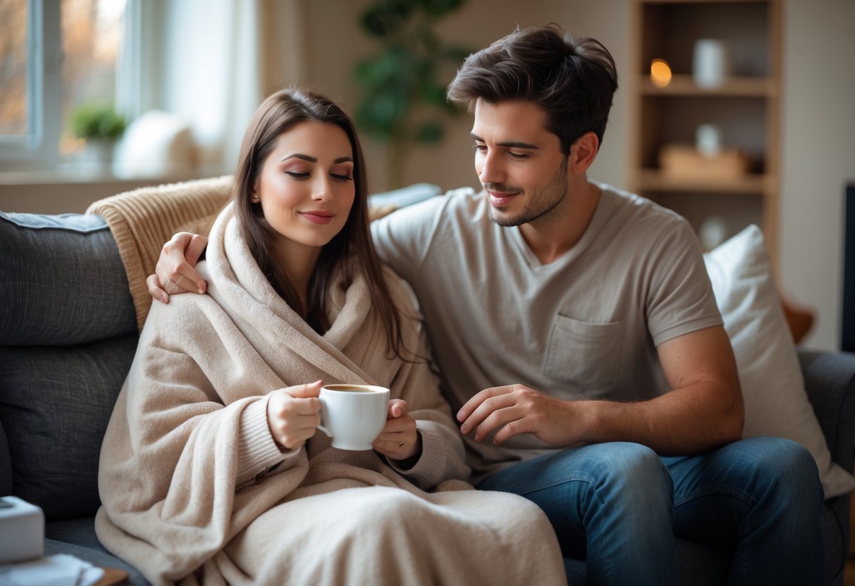 A young woman wrapped in a blanket holding a cup of tea, sitting on a couch with her partner who is gently touching her shoulder, in a cozy living room.