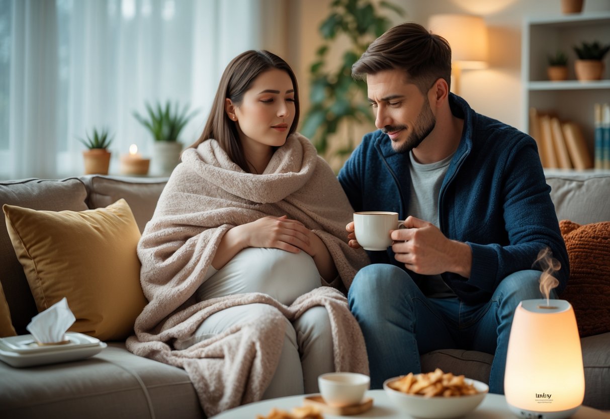 A couple in a living room where the woman holds a hot water bottle and the man offers her a cup of tea, showing support and care.