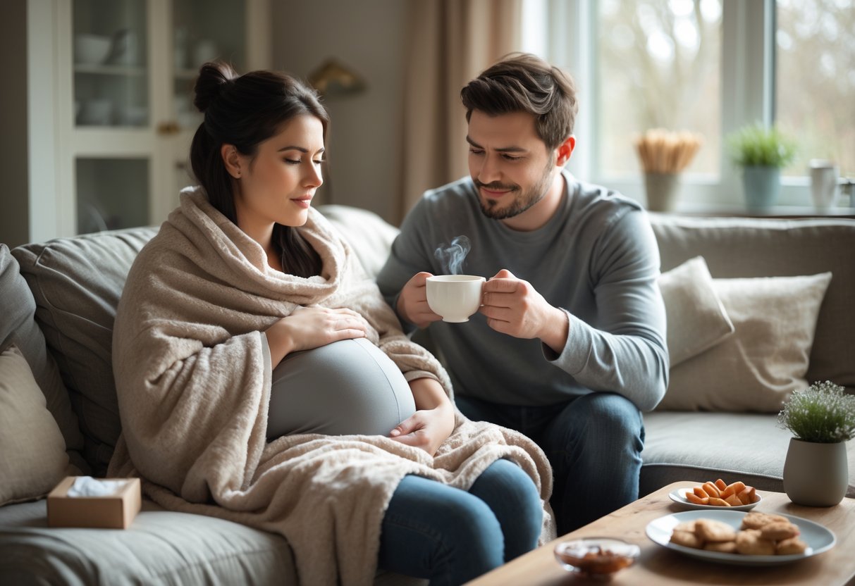 A couple in a living room where the woman is resting with a hot water bottle and the man is offering her a cup of tea.