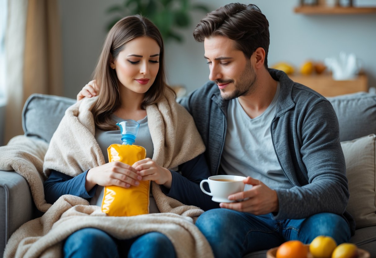 A couple sitting together on a couch, the woman looks uncomfortable holding a hot water bottle while the man offers her a cup of tea.