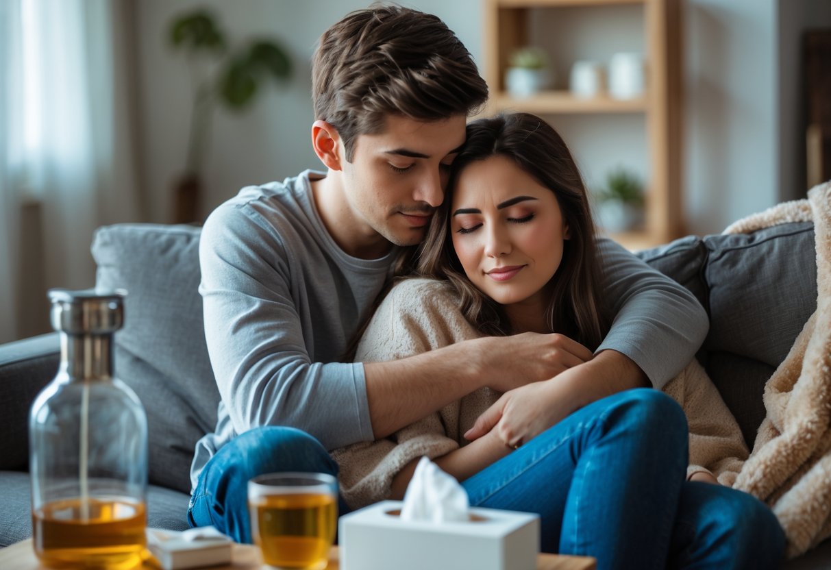 A young man comforting his girlfriend who is resting on a couch with a blanket in a cozy living room.