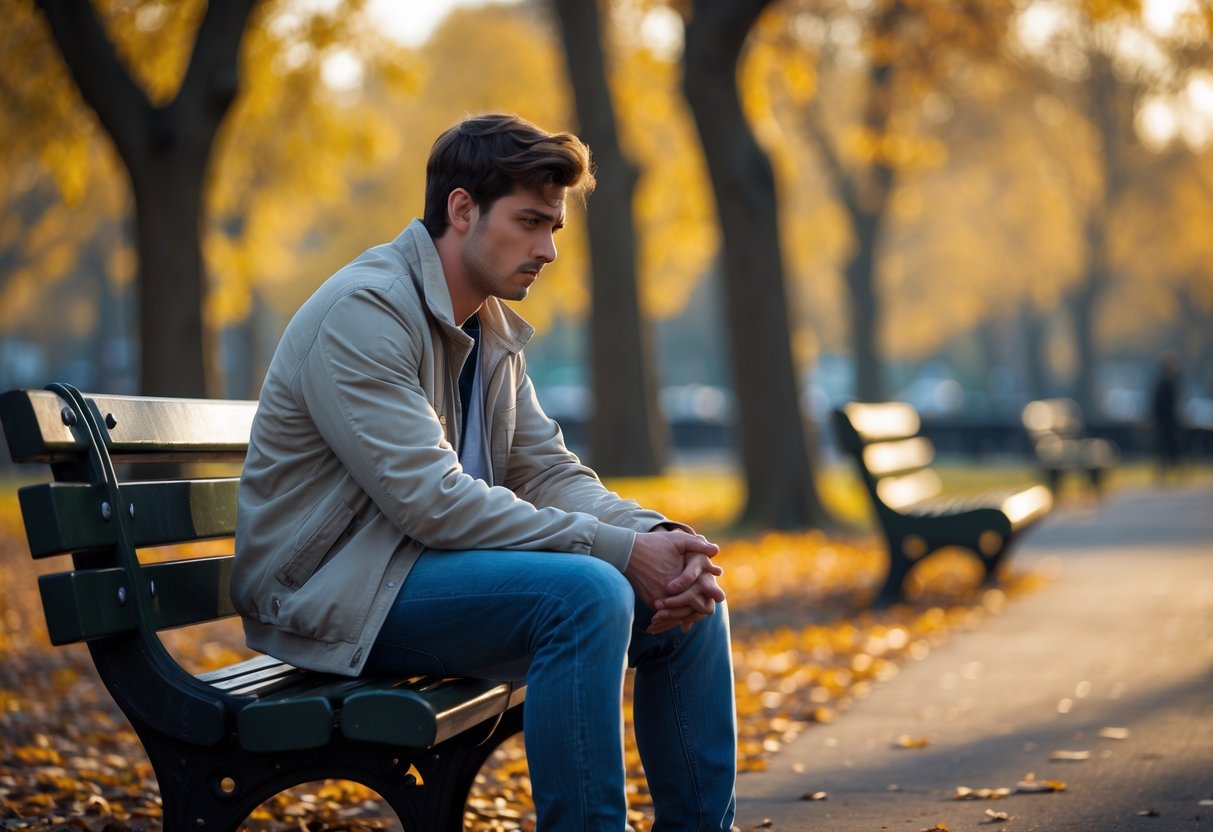 A young man sitting alone on a park bench looking thoughtful and sad in a quiet park setting.
