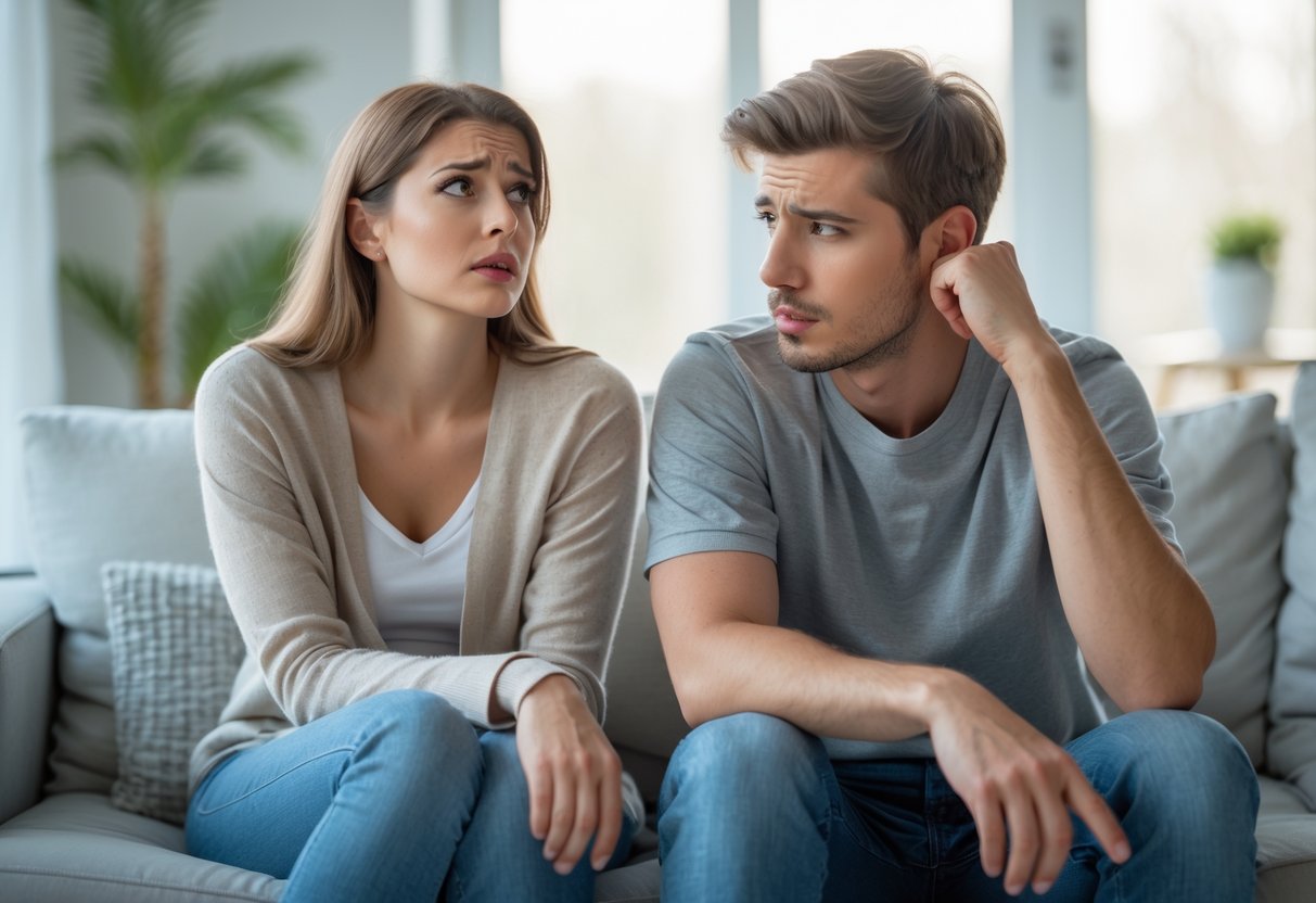 A young couple sitting in a living room, the woman looking away silently while the man looks concerned and thoughtful.