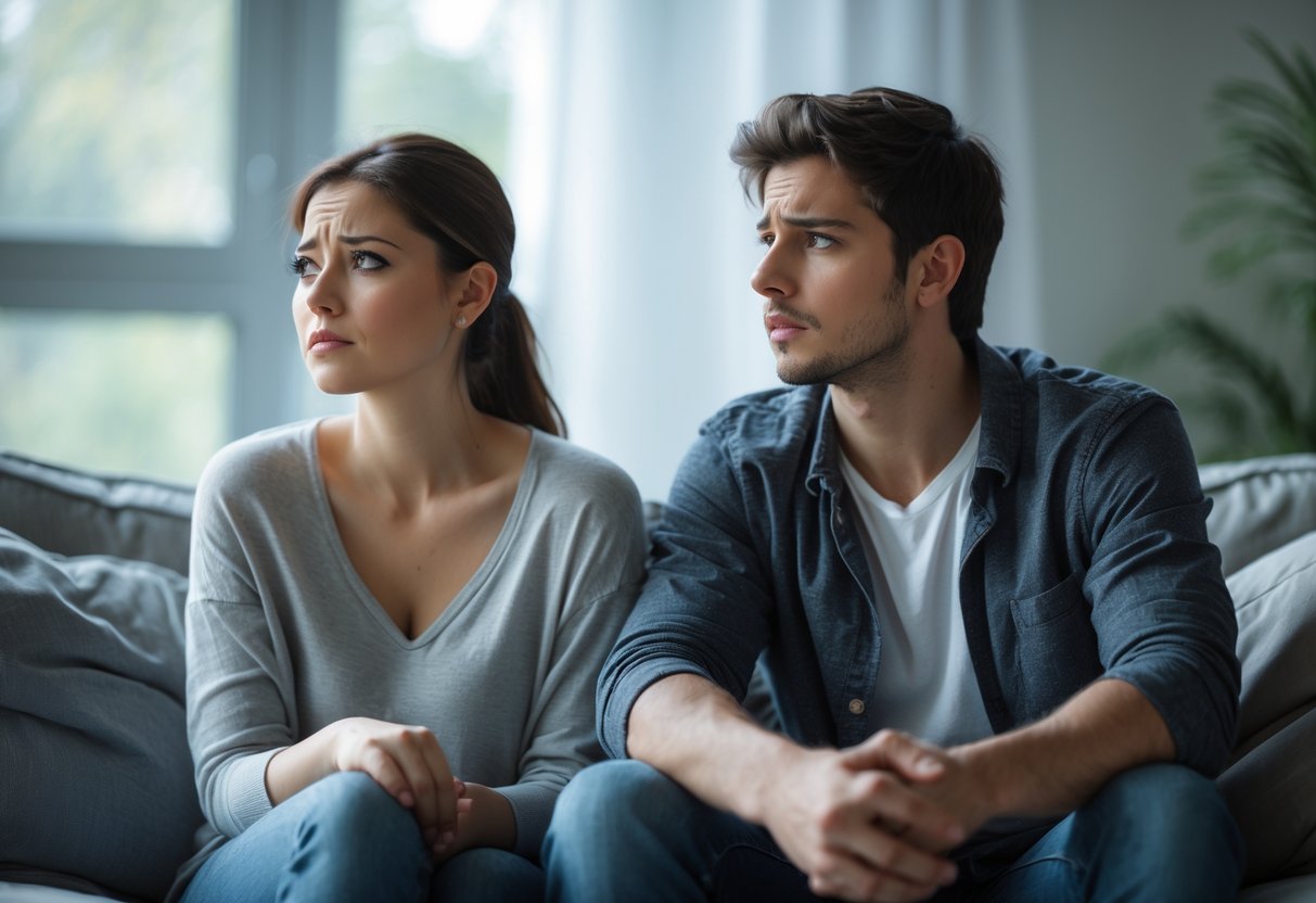 A young couple sitting on a couch, the woman looking away with a distant expression while the man looks concerned and confused.
