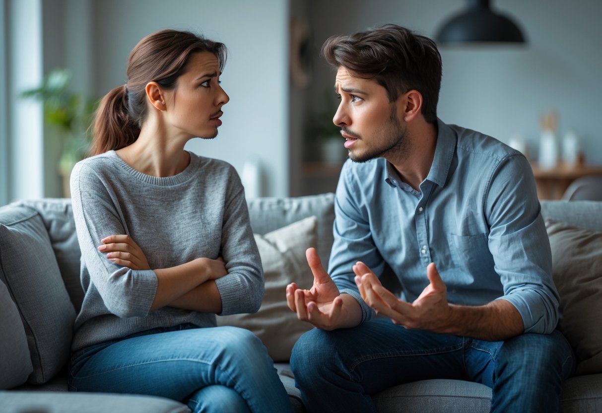 A young couple sitting apart in a living room, the woman looking away upset and the man looking concerned, showing a tense moment between them.