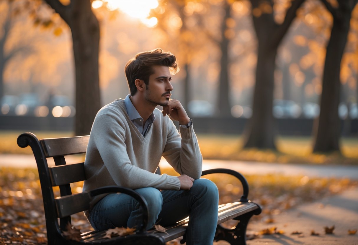 A young man sitting alone on a park bench surrounded by autumn trees, looking thoughtful and reflective.