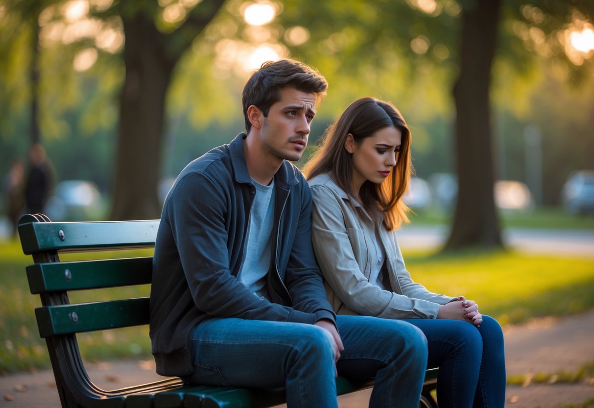 A young couple sitting on a park bench with the man looking concerned and the woman looking away, appearing distant and silent.