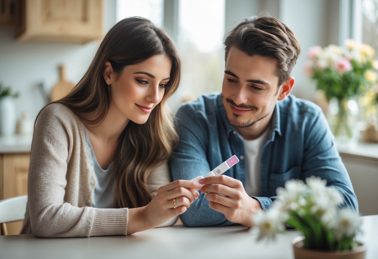 A young couple sitting at a kitchen table looking thoughtfully at a pregnancy test, sharing an intimate moment.