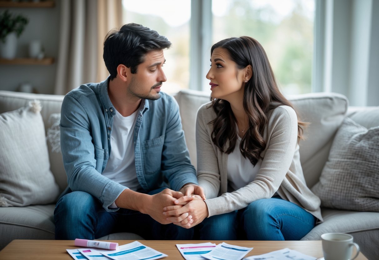 A young couple sitting on a couch holding hands and looking at each other with concern and support, with a pregnancy test and pamphlets on a nearby table.