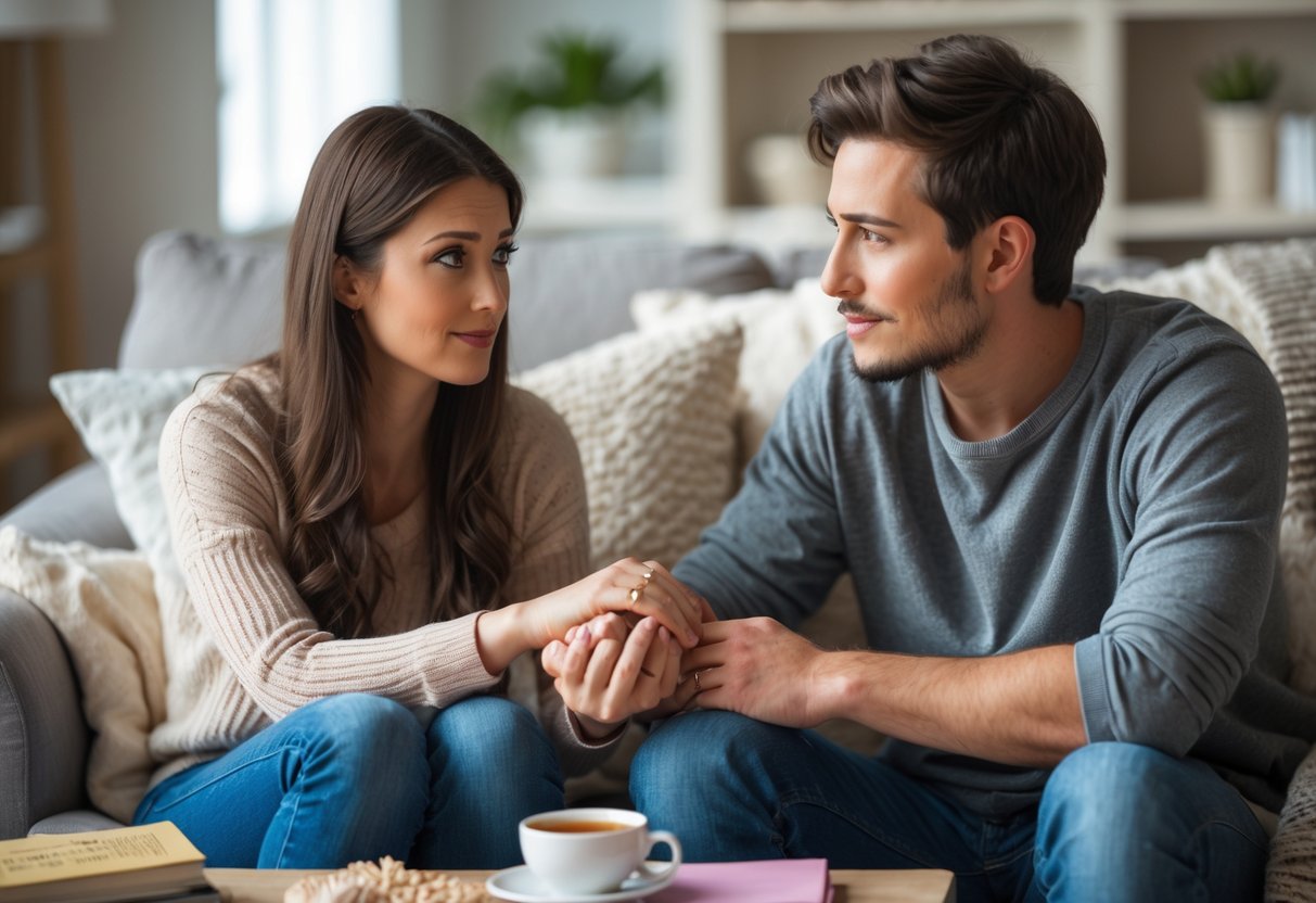 A young couple sitting together in a living room, holding hands and looking thoughtful and supportive.