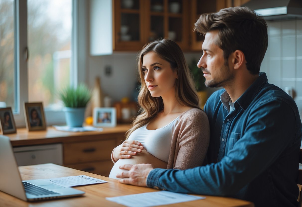 A young couple sitting at a kitchen table, having a serious conversation, with the woman gently holding her belly.