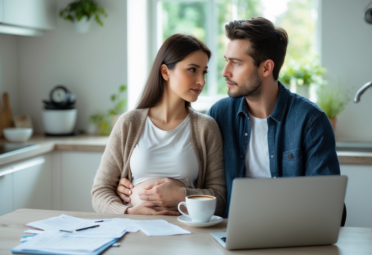 A young couple sitting at a kitchen table having a serious conversation, the woman gently holding her stomach.