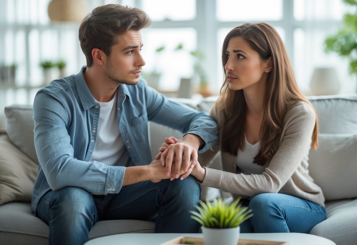 A young couple sitting in a living room, the man holding the woman's hand as she looks thoughtful and concerned.