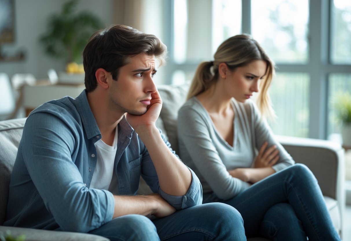 A young couple sitting on a couch, the man looking concerned while the woman sits apart, turned away and silent.