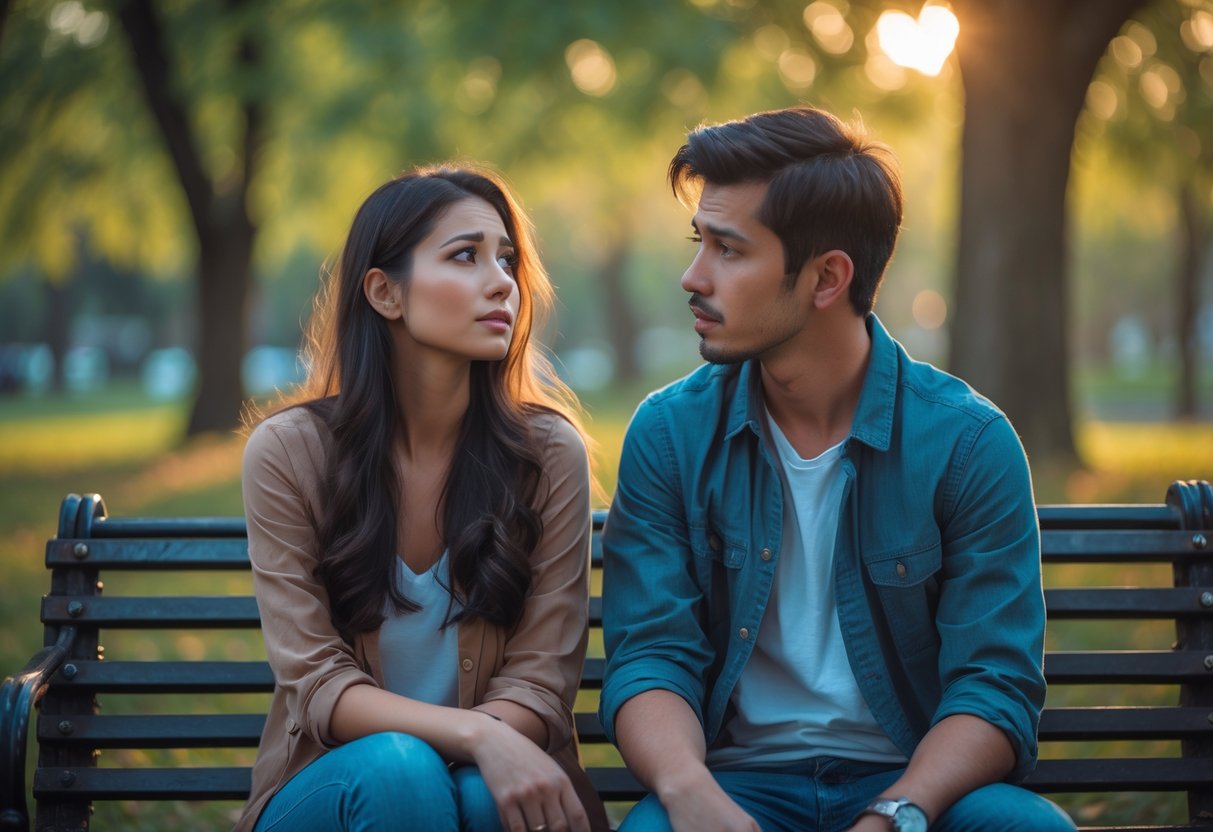 A young couple sitting on a park bench, the woman looking away thoughtfully while the man looks at her with concern.