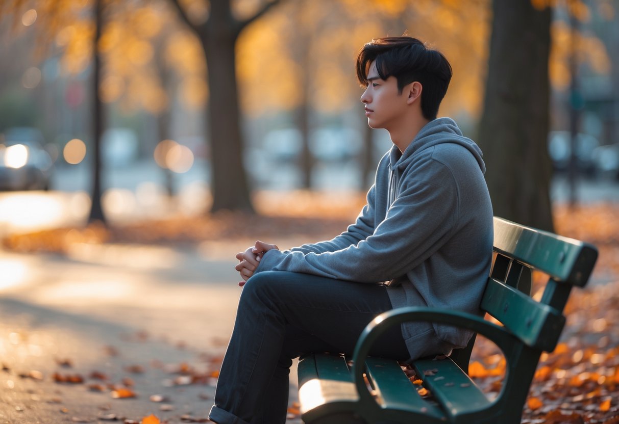 A young adult sitting alone on a park bench looking thoughtful and sad with autumn trees in the background.
