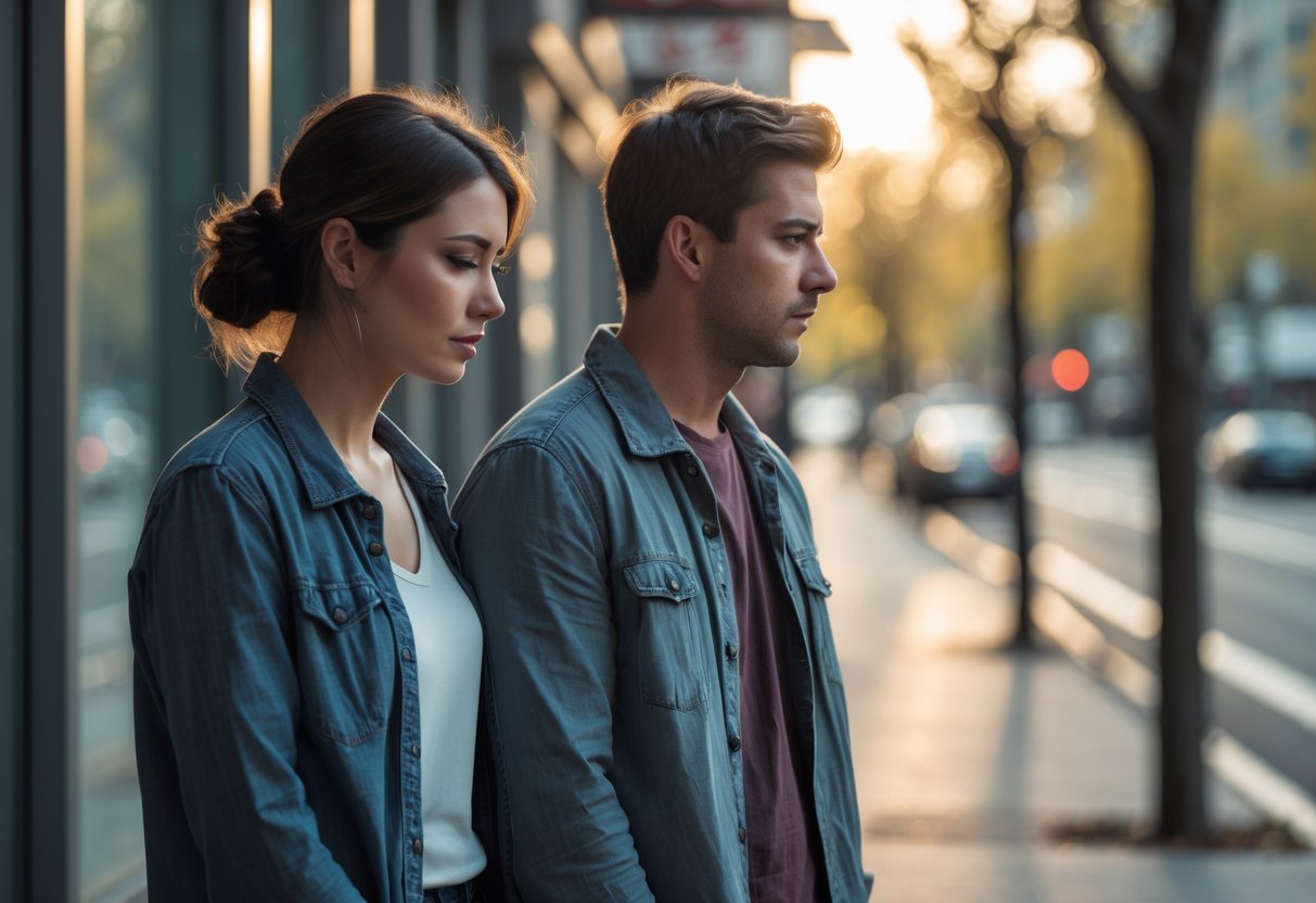 A young couple standing apart on a city sidewalk, both looking thoughtful and sad, conveying the end of a relationship.
