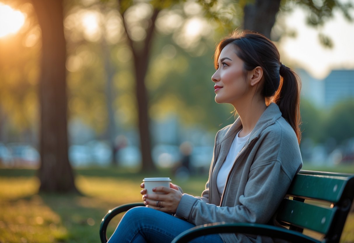 A young woman sitting on a park bench outdoors, holding a cup and looking thoughtfully into the distance.